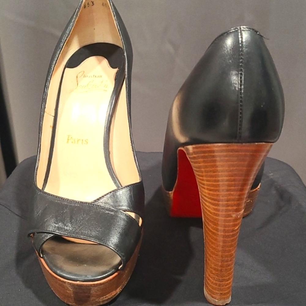 *SALE* Christian Louboutin Black Leather Platform Peep Toe Heels Shoes 10.5